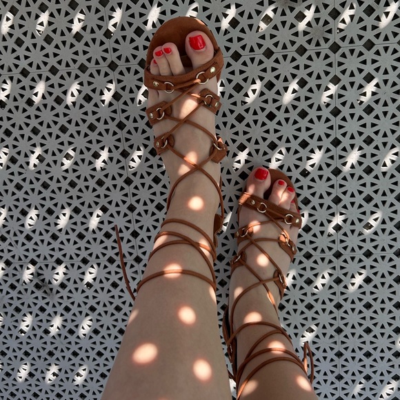 Strappy lace-up block heel sandal in cinnamon brown. - Picture 1 of 6